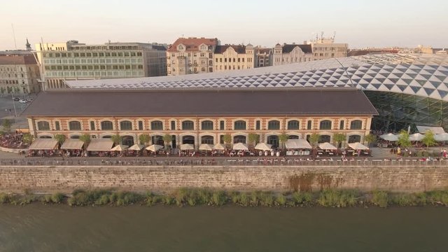 Aerial shot of Budapest, Hungary - Whale building and Danube river walkway