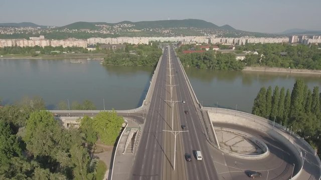 Aerial shot of Budapest, Hungary - Arpad bridge, Danube river
