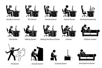 Different type of gamers. Stick figure icons depict all kind of gamers that include hardcore, pro gamer, female, casual, kid, elderly, cheater, VR, arcade, console, and smartphone. © leremy