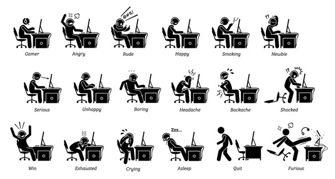 Gamer reactions, feelings, and emotions while playing PC games. Stick figure icons depicts people playing games on computer being angry, happy, rude, serious, boring, exhausted, and furious. 