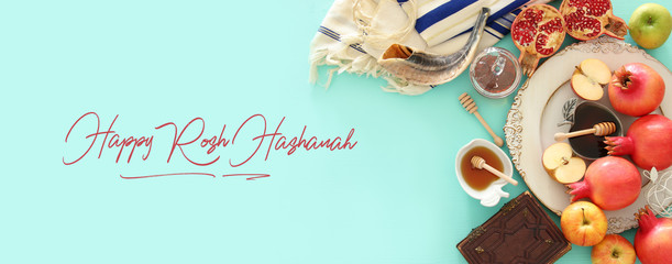 Rosh hashanah (jewish New Year holiday) concept. Traditional symbols.