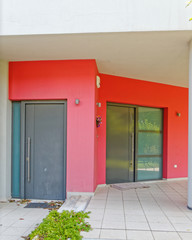 vibrant red wall contemporary house entrance, Athens Greece
