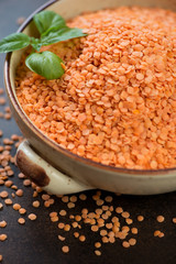 Cooking ingredients - uncooked red lentils in a bowl, selective focus, close-up, vertical shot