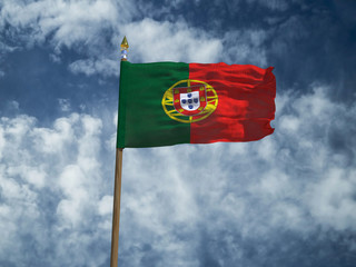 Portugal flag Silk waving flag of Portugal made transparent fabric with wooden flagpole gold spear on background sunny blue sky white smoke clouds real retro photo Countries of world 3d illustration