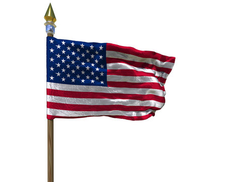 USA flag Isolated Silk foil waving flag of United States of America with wooden flagpole with golden spear on white isolate  background 3d illustration