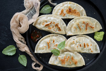 Close-up of a metal tray with roasted korean potstickers dumplings, view from above, studio shot