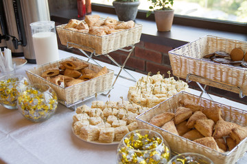 food in a cafe in special baskets on a table as a kind of catering