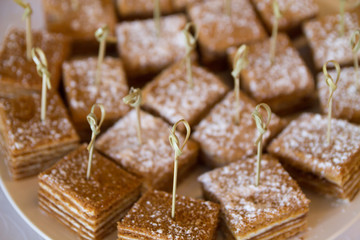 sweet delicious cake cut in pieces and laying on a plate with sticks stuck in them