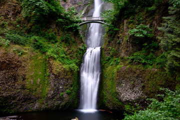 Bridge over waterfalls. Multnomah Falls in Oregon. Beautiful waterfalls near Portland. Second highest year-round waterfall in the US. Oregon. United States of America.