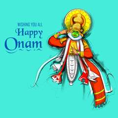 Kathakali dancer on background for Happy Onam festival of South India Kerala
