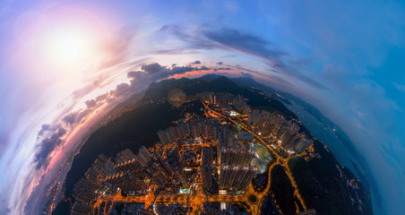 Panorama image of Hong Kong Cityscape from sky view