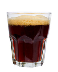 Cold glass of dark beer or kvass with foam isolated on white background.