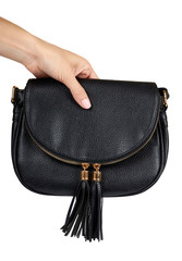 Black leather shoulder bag isolated on a white background.