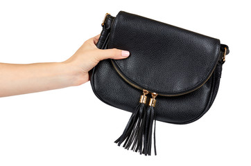 Black leather shoulder bag isolated on a white background.