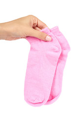 Fashionable pink socks with hand isolated on a white background.