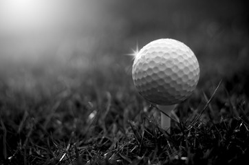 Golf ball with warm sunlight and raining at sunset