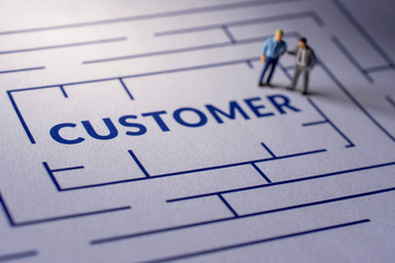 Challenge for Customer Experience Concept. present by Miniature Figure of two Businessman standing...