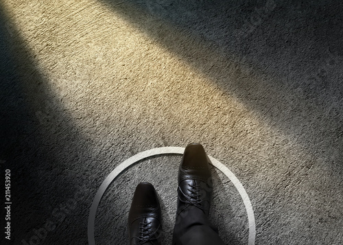 Comfort Zone Concept Businessman With Formal Shoes Steps Over Circle Line To Outside The White Comfort Zone Concept Businessman With Formal Shoes Steps Over Circle Line To Outside The White