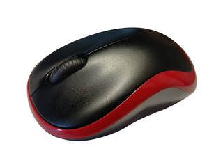 computer mouse in red and black on white background