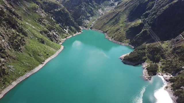 Drone aerial view of the Lake Barbellino an alpine artificial lake. Italian Alps. Italy