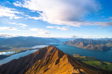 Beautiful landscape of the mountains and Lake Wanaka. Roys Peak Track, South Island, New Zealand.