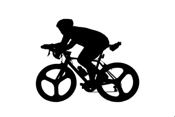 Silhouette man and bike relaxing on white background.