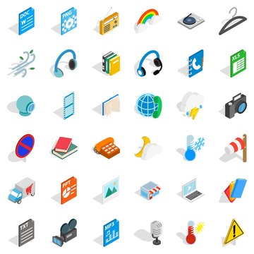 Mobile app icons set. Isometric style of 36 mobile app vector icons for web isolated on white background