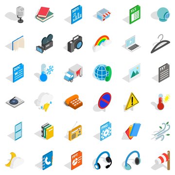 Mobile file icons set. Isometric style of 36 mobile file vector icons for web isolated on white background