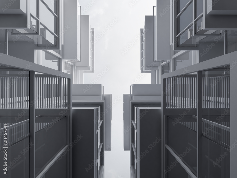 Poster 3d stimulate of high rise modern glass building with steel window system on blue clear sky backgroun