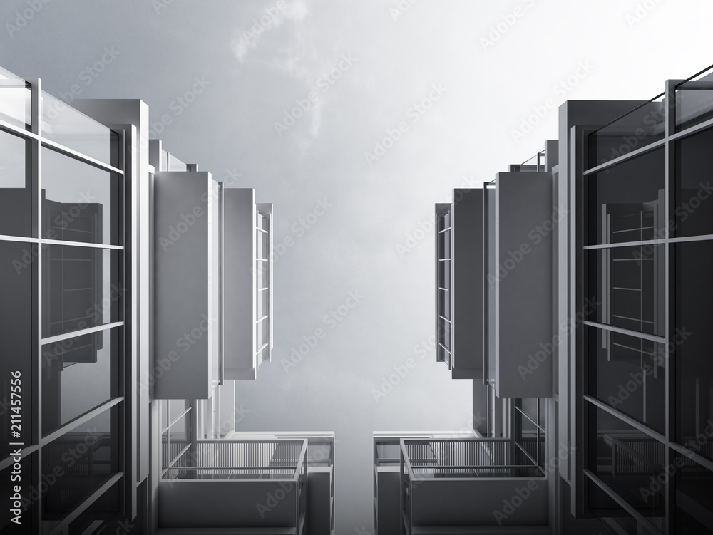 Poster 3d stimulate of high rise modern glass building with steel window system on blue clear sky backgroun