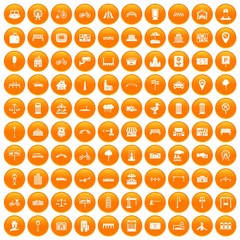 100 city icons set in orange circle isolated on white vector illustration