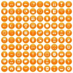 100 clock icons set in orange circle isolated on white vector illustration