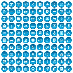 100 data exchange icons set in blue circle isolated on white vectr illustration
