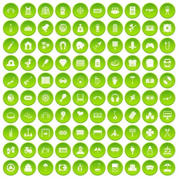 100 entertainment icons set in green circle isolated on white vectr illustration