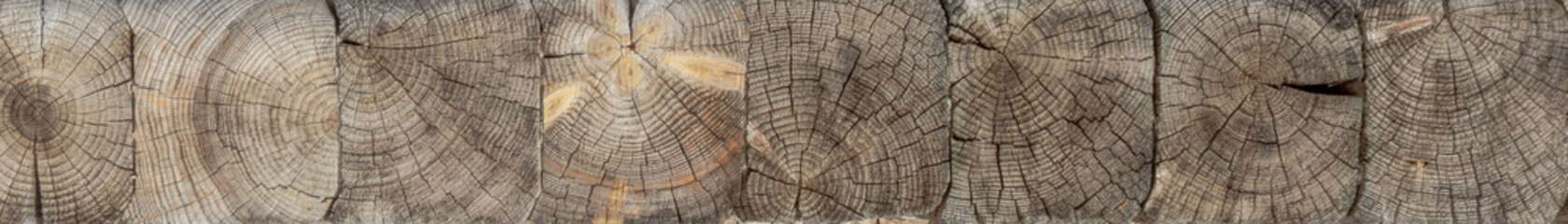 The logs are stacked horizontally. The texture of the transverse surface.