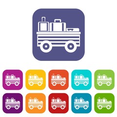 Service cart with luggage icons set vector illustration in flat style in colors red, blue, green, and other