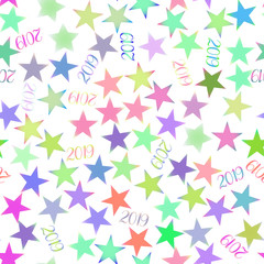 2019 year seamless pattern with random, chaotic, scattered colorful stars on white backround.