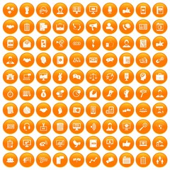 100 dialog icons set in orange circle isolated on white vector illustration