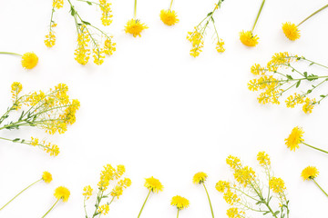 Yellow flowers on white background, flat lay, top view