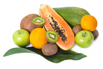 tropical fruits, papaya, orange, apple  kiwi and coconut
