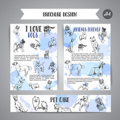 Dog club newsletter with Hand drawn dogs breeds. Sketch of dog. Poster withh bulldog, dachshund, Husky, Yorkshire Terrier Vector
