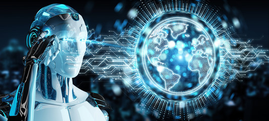 White robot using globe network hologram with America Usa map 3D rendering