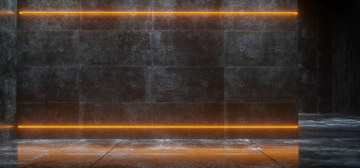 Futuristic Sci-FI Concrete Refelctive Room With Neon Lighted Lights With Empty Space 3D Rendering