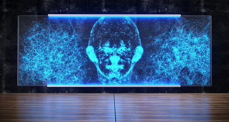 Futuristic Sci-FI Artificial Intelligence Concept Plexus Human Head Hologram On Concrete Wall Glass With Floor Reflections 3D Rendering
