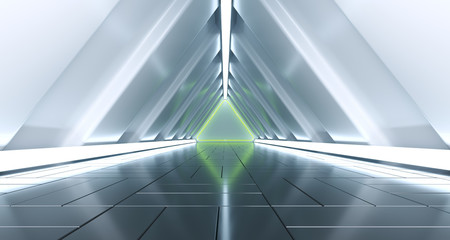 Futuristic Sci Fi Triangle Tunnel With Green Neon Light And Floor Reflections 3D Rendering