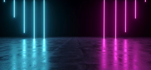Fotobehang Futuristic Sci-Fi Abstract Blue And Purple Neon Light Shapes On Black Background And Reflective Concrete With Empty Space For Text 3D Rendering © IM_VISUALS