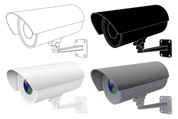 Security CCTV camera. Outline drawing, black silhouette and 3d model