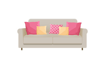 Cozy Sofa with Many Cushions, Vector Illustration