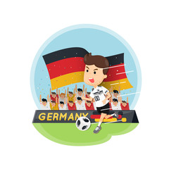 Fototapeta premium Cartoon Germany's football player character with football fans background. Flat vector design