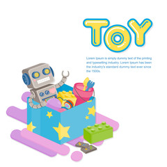 Obraz premium Several colorful toy in blue box on white background. Toy template